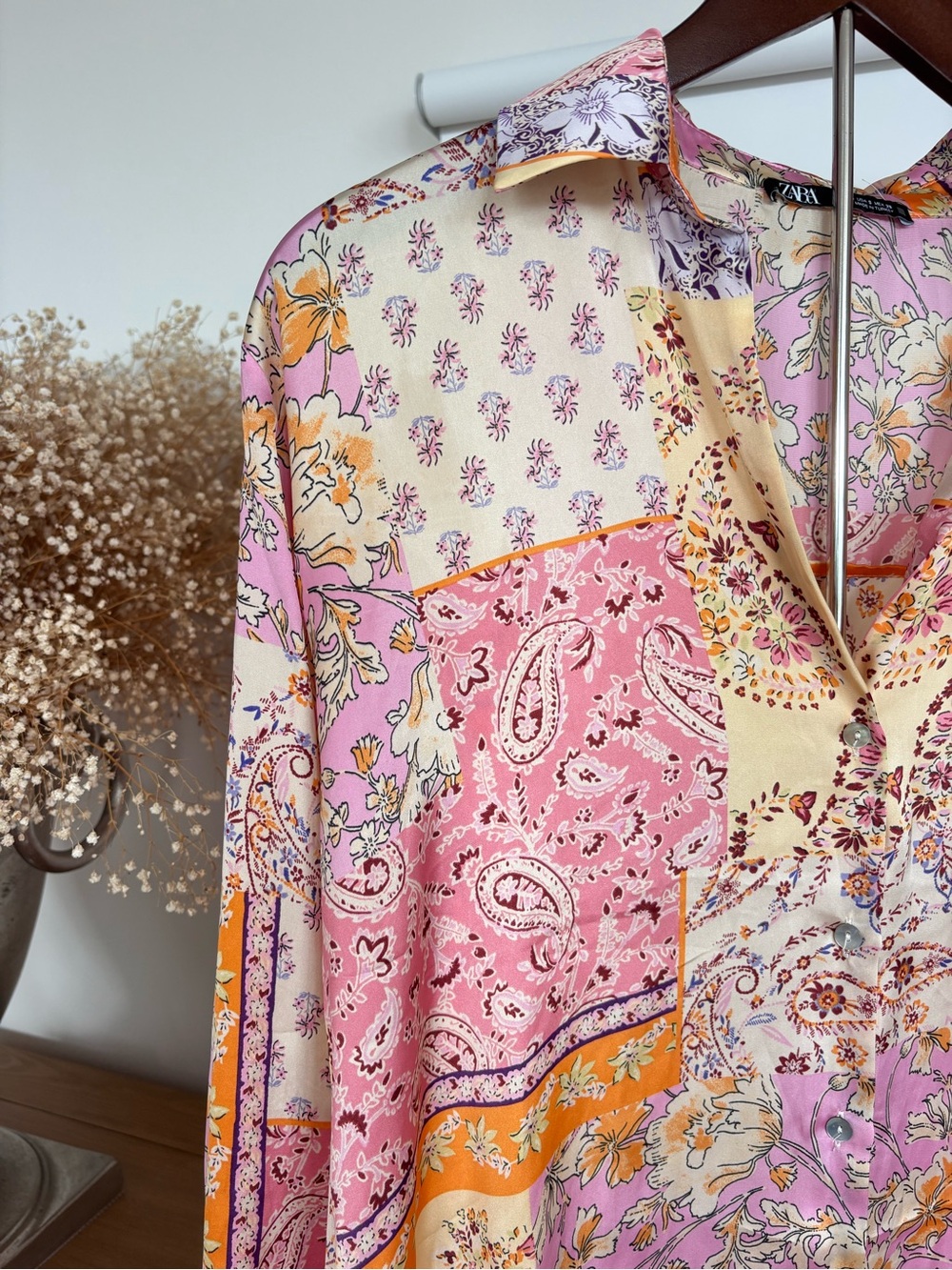 Zara S Patchwork Paisley Button Up Shirt in Pink and Cream Silk Feels Blouse - Picture 5 of 16